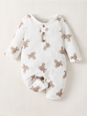 Baby Boy Girl Cotton Brown Bear Print Waffle Jumpsuit Sleeper