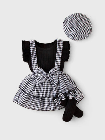 4 Pcs Baby Girl Houndstooth Ruffle Skirt Set