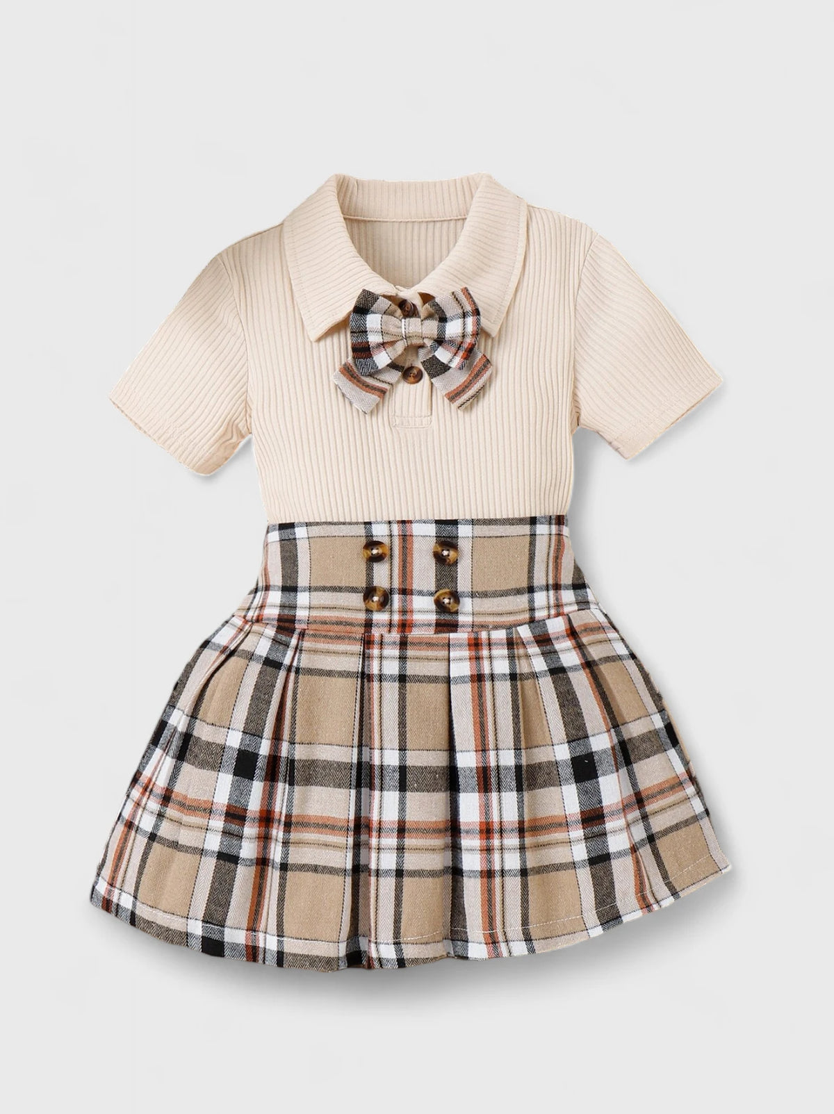 Girls Plaid Bow Front Tee with Skirt