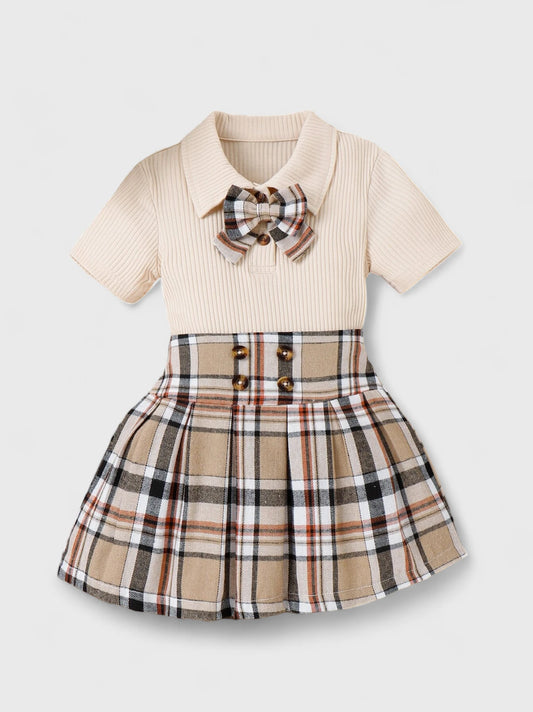 Girls Plaid Bow Front Tee with Skirt