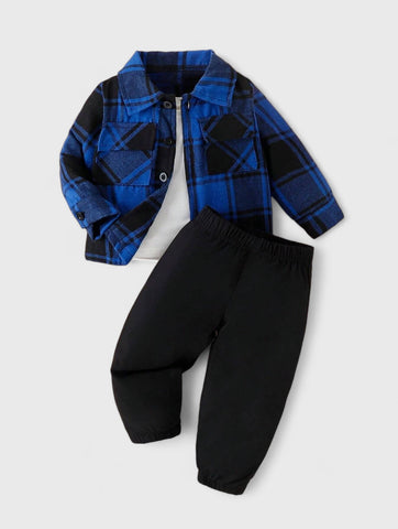 2 Pc Baby Boy Button up Plaid Shirt with Pant Set