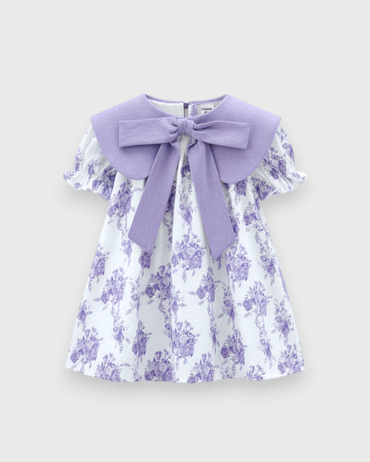 Purple floral baby dress with oversized lilac collar and bow