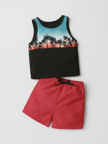 Baby Boy 2 Piece Palm Tree Sunset Print Tank Top and Shorts Set