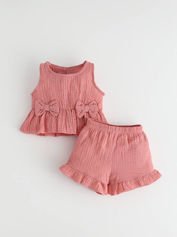 2 Pcs Baby Girl Bow Front Ruffle Hem Tank Top & Shorts