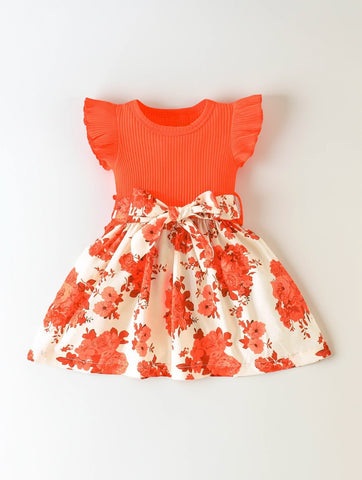 Baby Girl Ribbed Knit Floral Printed Dress