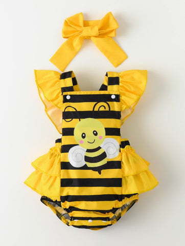 2 Pcs Baby Girl Bumble Bee Yellow Black Stripe bodysuit