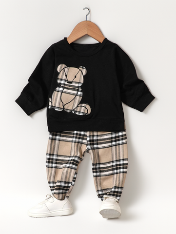 2 Piece Baby Boy Brown Plaid Bear Long Sleeve Shirt and Plaid Pant Set