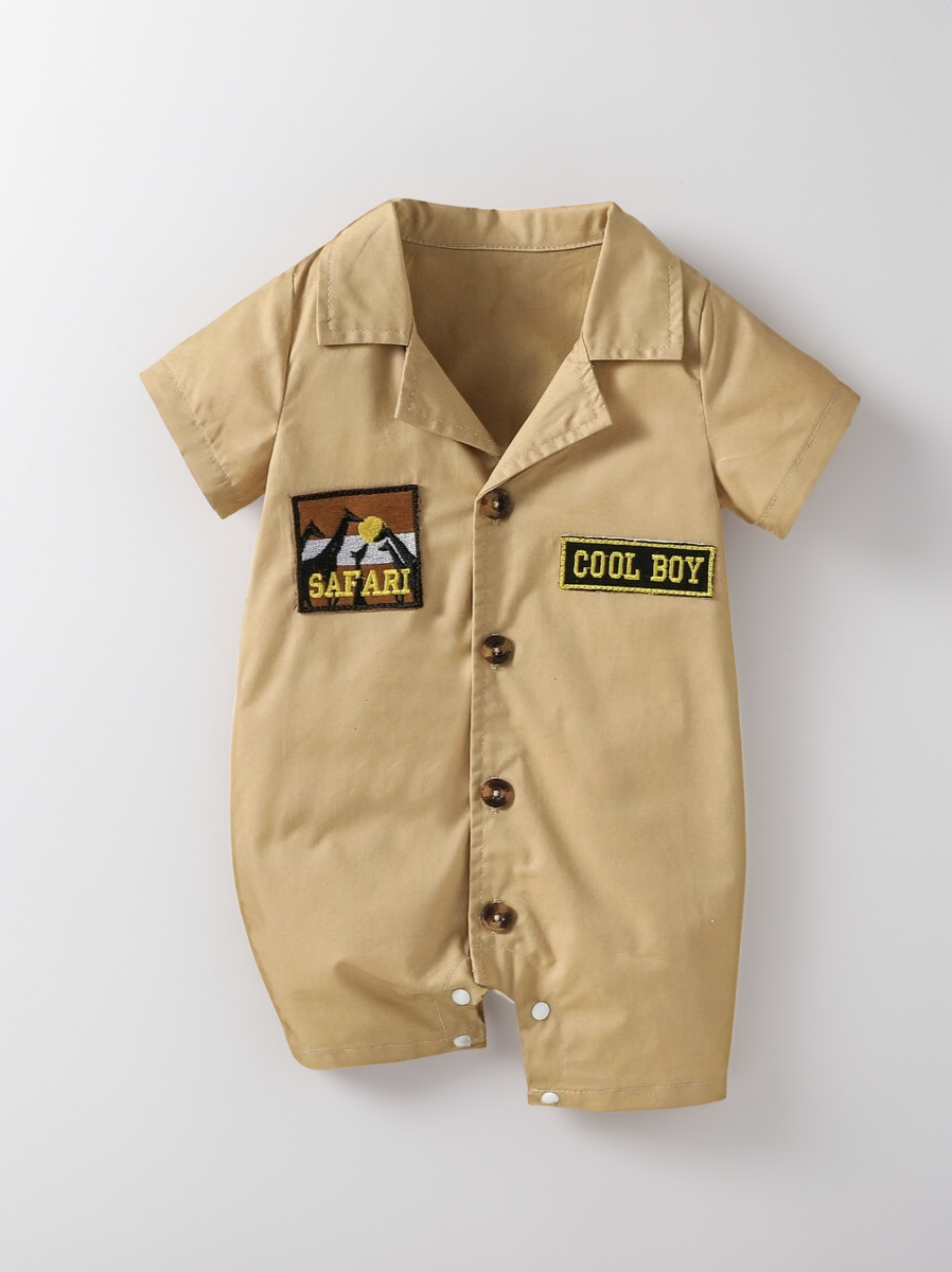 Baby Boy Beige Olive Jungle Safari Adventure button up Romper