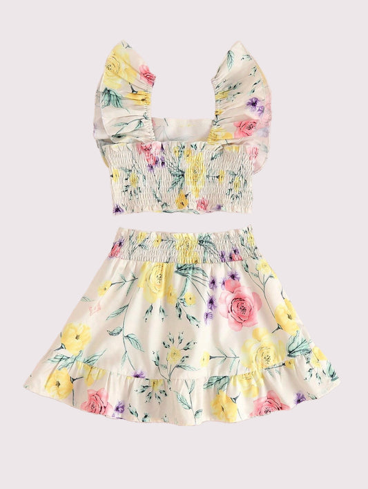 Toddler Little Girl Crop Top and Skirt Floral Sets