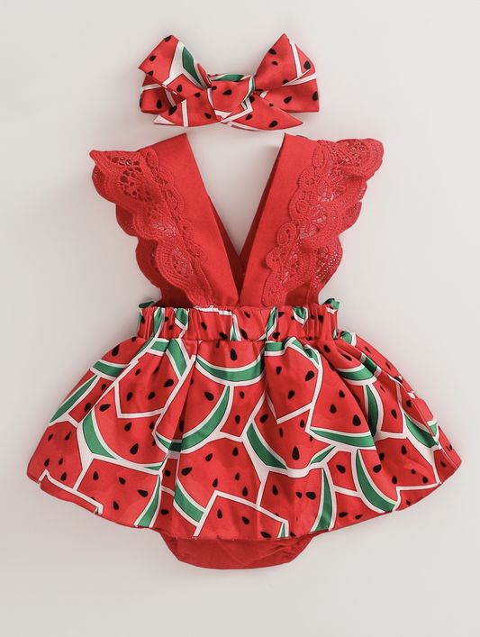 Baby Girl Watermelon Dress with Bow Headband