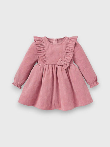 Baby Girl Ruffle Trim Bow Corduroy Dress