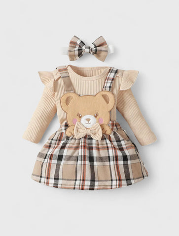 3 Pc Infant Baby Girl Bear Overall dress