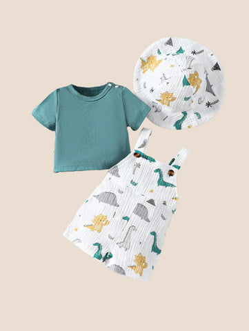 3 Pcs Infant baby Green Dinosaur Overall Set