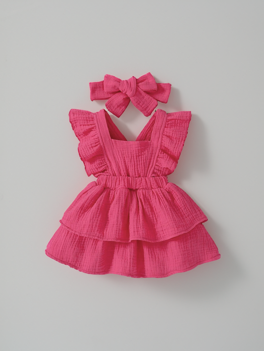 Baby Girl Cotton Ruffle Trim Layer Hem Dress With Bow Headband