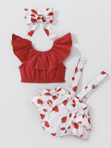 3 Pcs baby Girl Summer Fresh Red Strawberry Fruit Ruffle Suspenders Overalls Onesie Bodysuit