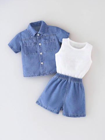 3 Piece Baby Boy Denim Shorts Shirt Set