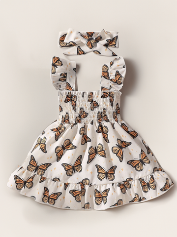 2 piece Baby Girl Yellow Butterfly Mariposa Shirred Dress