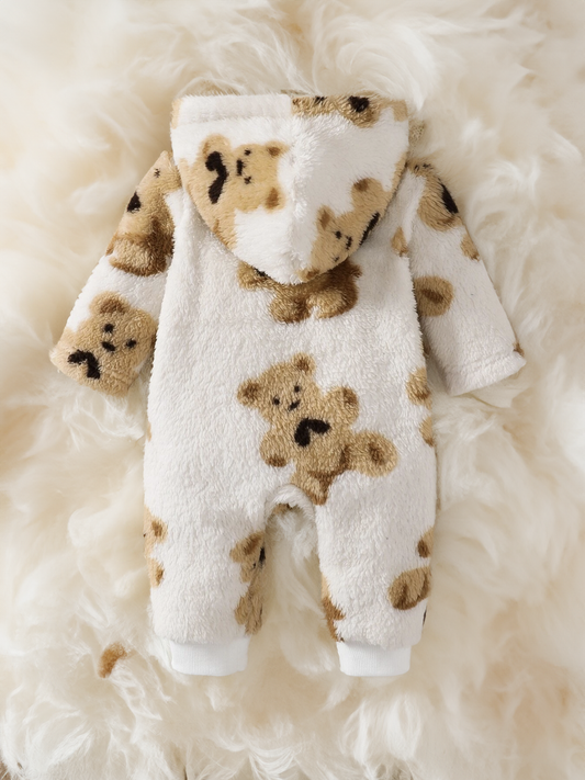 Baby Boy Girl Winter Fall Brown Teddy Bear Fleece Zipper Onesie Romper