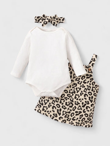 3 Pc Baby Girl Leopard Print Overall Dress