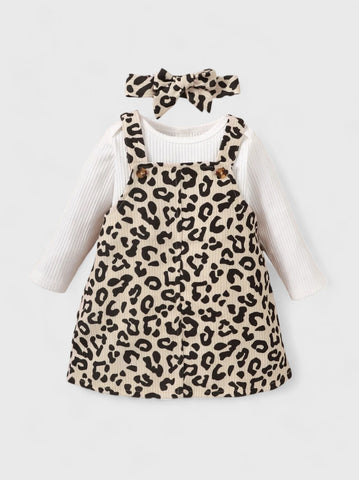 3 Pc Baby Girl Leopard Print Overall Dress