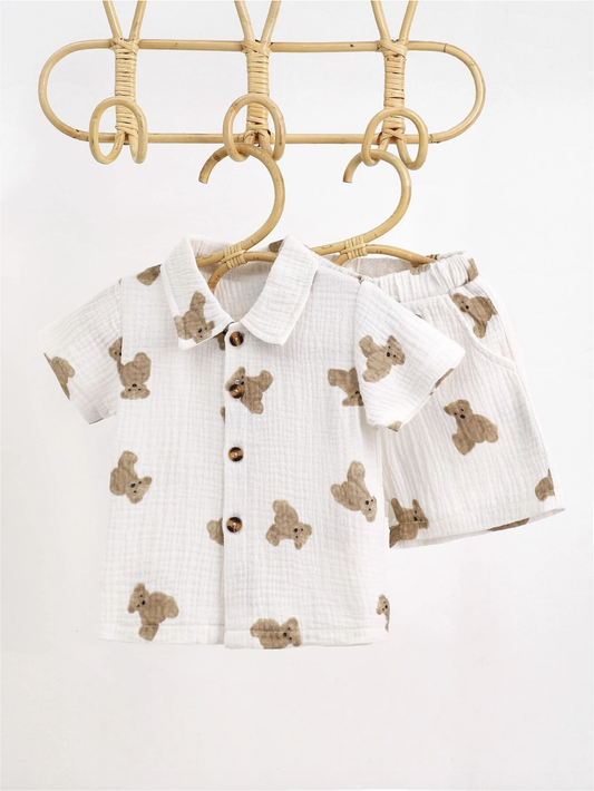 Baby Boy Girl Teddy Bear Cotton Button up Collar Shirt with Shorts