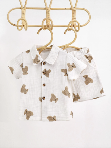 Baby Boy Girl Teddy Bear Cotton Button up Collar Shirt with Shorts