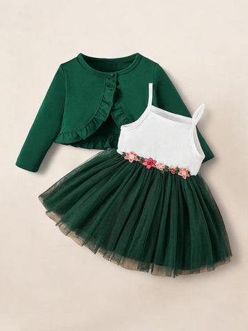 2 Pc Baby Girl Ruffle Caridgan with Mesh Dress