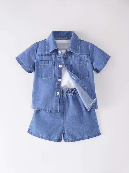 3 Piece Baby Boy Denim Shorts Shirt Set