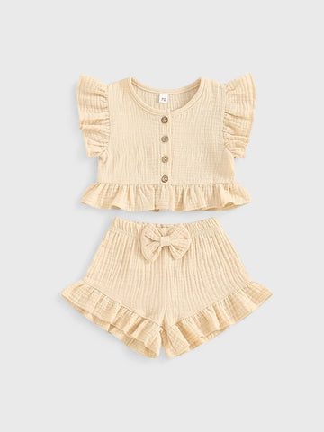 2 Pc Summer Ruffle Cotton Shirt Short Set