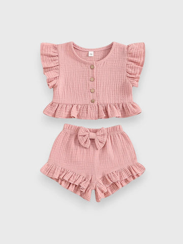 2 Pc Summer Ruffle Cotton Shirt Short Set