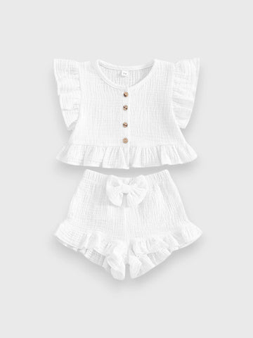 2 Pc Summer Ruffle Cotton Shirt Short Set