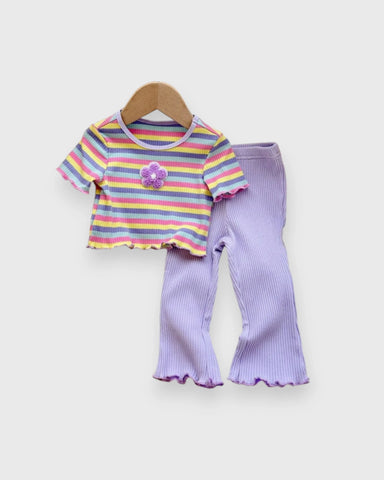 Baby Girl Ribbed Striped Flower Tee & Leggings Set