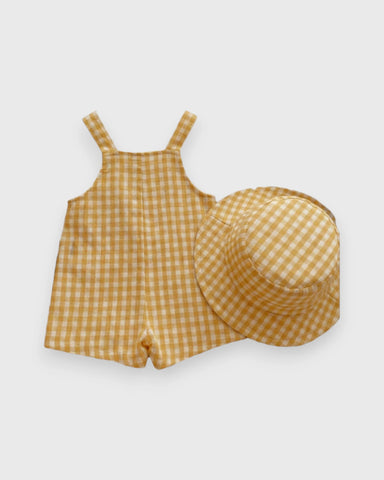 2 Pcs Baby Boy Bear Patch Gingham Overalls w/Hat