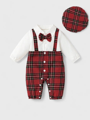 2 in 1 Baby Boy Plaid Jumpsuit with Hat