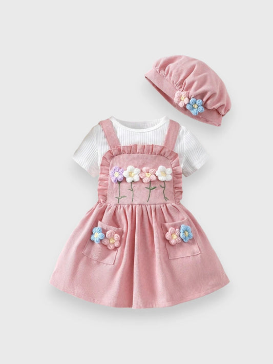 3 Pc Baby Girl Spring Flower Corduroy Overall Set