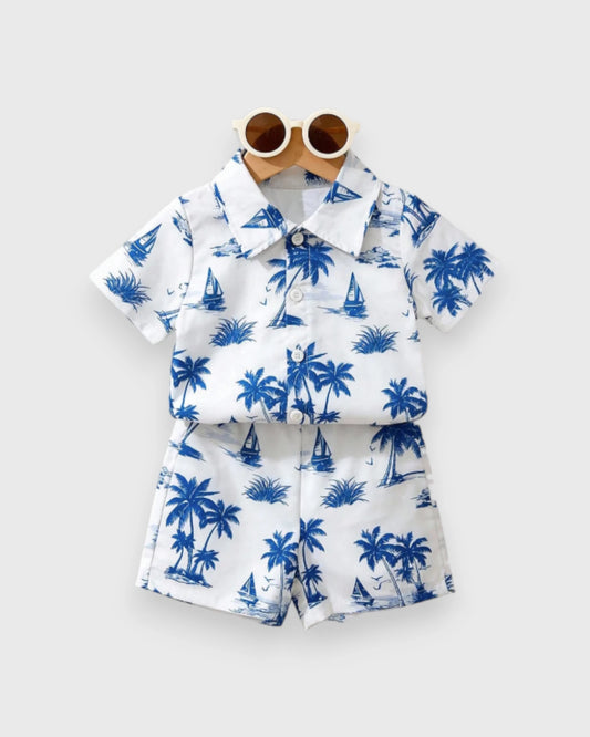 2 pc Baby Boy Palm & Sail Boat Button Up Shirt & Shorts Set
