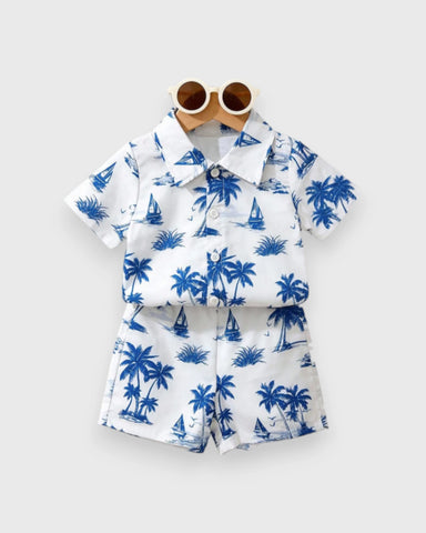 2 pc Baby Boy Palm & Sail Boat Button Up Shirt & Shorts Set