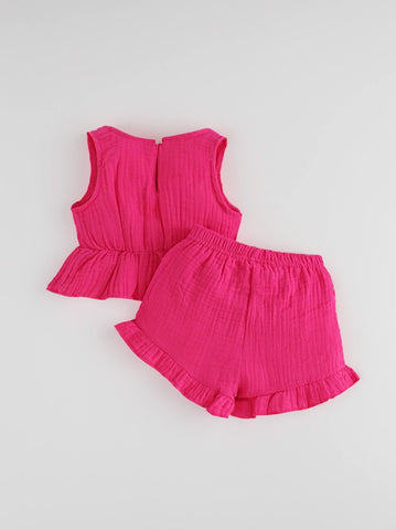 2 Pcs Baby Girl Bow Front Ruffle Hem Tank Top & Shorts