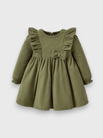 Baby Girl Ruffle Trim Bow Corduroy Dress