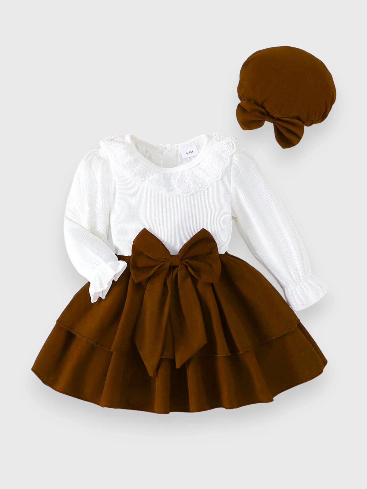 2 Pcs Baby Girl Layered Bow Dress w/ Hat