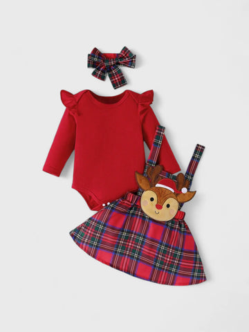 3 Pc Reindeer Patch Plaid Pinafore Dress