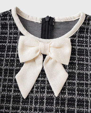 Girls Contrast Piping & Bow Tweed Dress