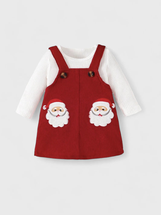 2 Pcs Baby Girl Embroidered Santa Overall Dress