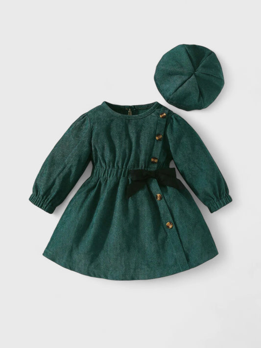 Baby Girl Corduroy Side Button Dress with Hat