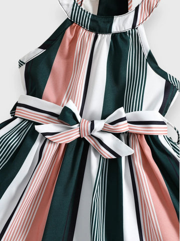Baby Girl Halter Striped Belted Dress