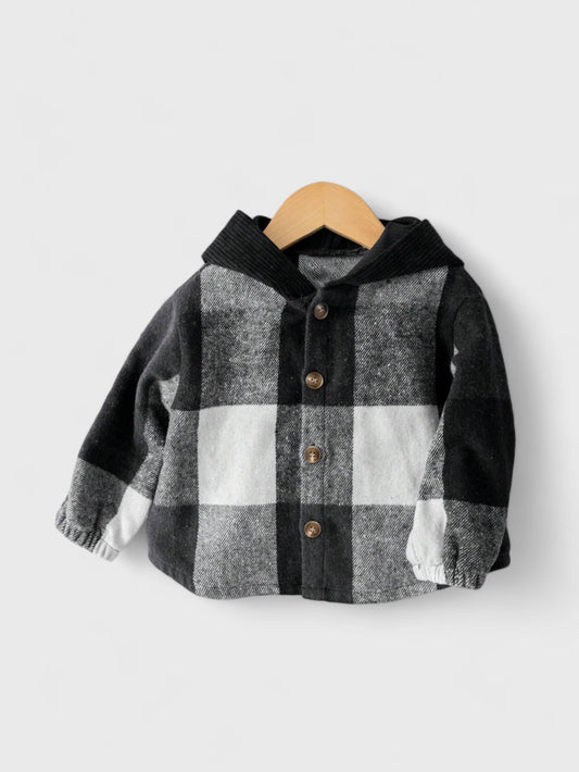 Black and grey buffalo plaid baby shirt with black hood and collar