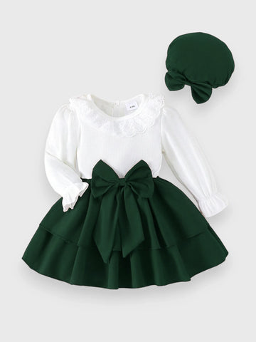 2 Pcs Baby Girl Layered Bow Dress w/ Hat