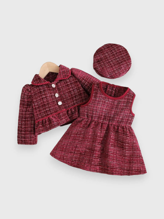 3 Pcs Baby Girl Tweed Coat, Dress and Beret Set