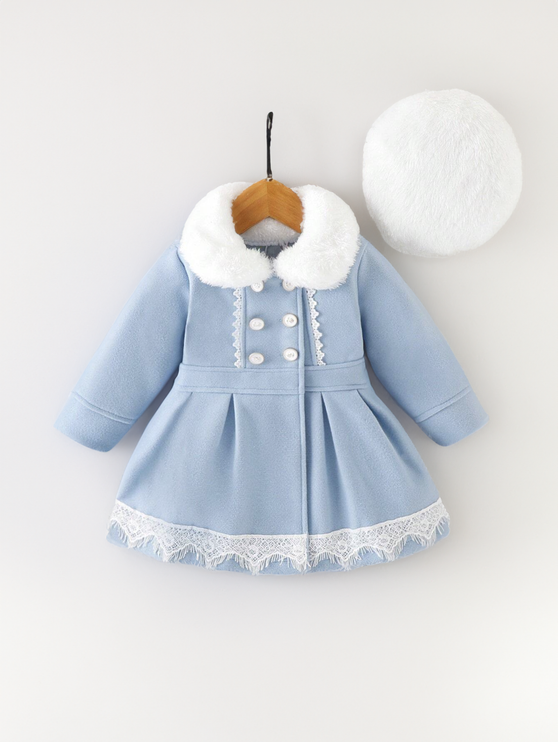 Baby Girl Princess Fuzzy Trim Lace Dress with Beret Hat