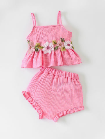 2 Pcs Baby Girl Flower Applique Cami and Bloomers Set